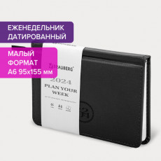 Еженедельник датированный 2024 МАЛЫЙ ФОРМАТ 95х155 мм А6, BRAUBERG Favorite, под кожу, черный, 115039