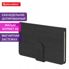 Еженедельник датированный 2025 МАЛЫЙ ФОРМАТ 95х155 мм А6, BRAUBERG Augustus, под кожу, черный, 115975