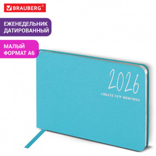 Еженедельник датированный 2026 МАЛЫЙ ФОРМАТ 105х160 мм, А6, BRAUBERG Blaze, фольга, голубой, 117214