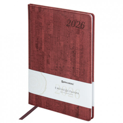 Еженедельник датированный 2026 БОЛЬШОЙ ФОРМАТ 210х297 мм, А4 BRAUBERG Wood, под кожу, бордо, 117159