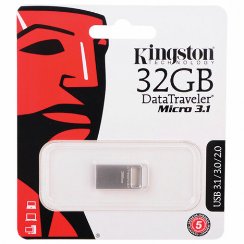 Флеш-диск 32 GB KINGSTON DataTraveler Micro USB 3.1, металлический корпус, серебряный, DTMC3/32GB