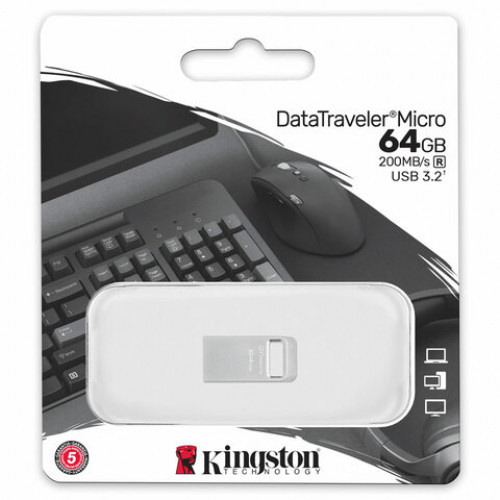 Флеш-диск 64GB KINGSTON DataTraveler Micro USB 3.2, металл. корпус, серебристый, DTMC, DTMC3G2/64GB