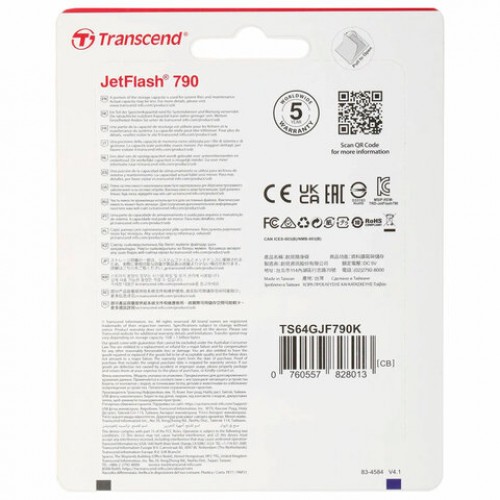 Флеш-диск 64GB TRANSCEND JetFlash 790, USB 3.1, черный, TS64GJF790K