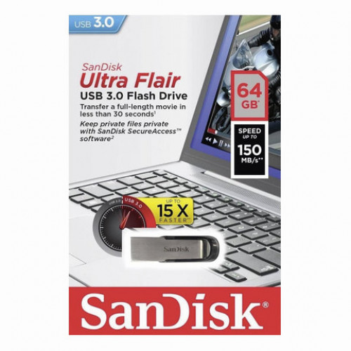 Флеш-диск 64 GB, SANDISK Ultra Flair USB 3.0, серебристый/черный, SDCZ73-064G-G46