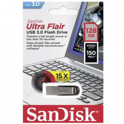 Флеш-диск 128 GB, SANDISK Ultra Flair, USB 3.0, металлический корпус, серебристый, SDCZ73-128G-G46