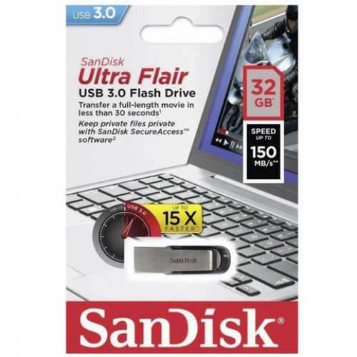 Флеш-диск 32 GB, SANDISK Ultra Flair, USB 3.0, металлический корпус, серебристый/черный, SDCZ73-032G-G46