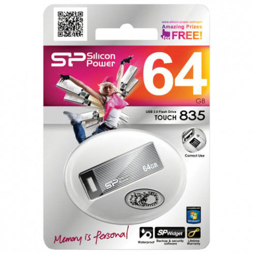 Флеш-диск 64 GB, SILICON POWER Touch 835, USB 2.0, металлический корпус, серый, SP64GBUF2835V1T