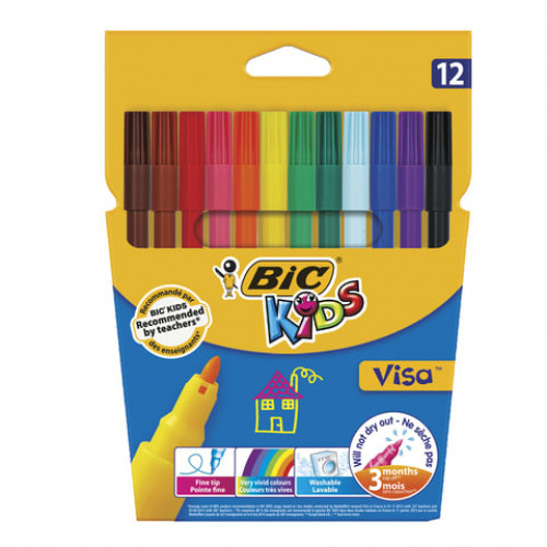 Фломастеры BIC Kids Visa, 12 ЦВЕТОВ, суперсмываемые, вентилируемый колпачок, европодвес, 889695, 888695