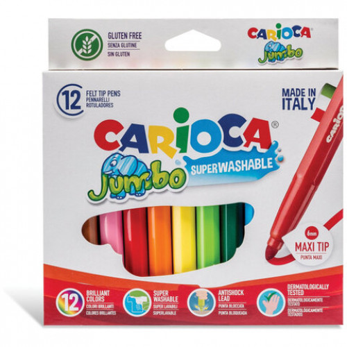 Фломастеры утолщенные CARIOCA Jumbo, 12 цветов, суперсмываемые, вентилируемый колпачок, картонная упаковка, 40569