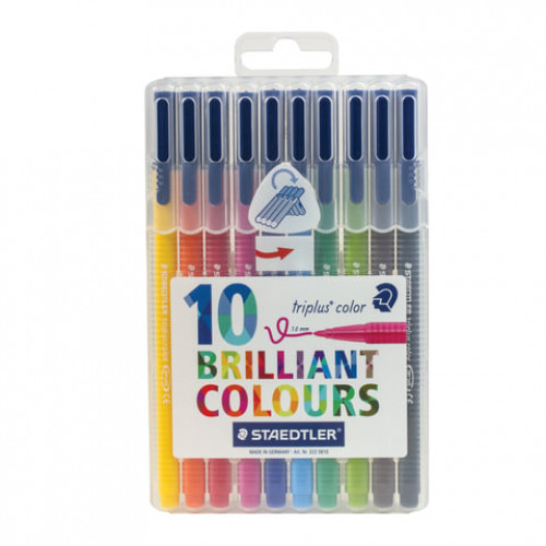 Фломастеры STAEDTLER (Германия) Triplus, 10 цветов, трехгранные, пластиковый футляр, 323 SB10