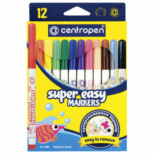 Фломастеры 12 ЦВЕТОВ CENTROPEN Super Easy, смываемые, вентилируемый колпачок, 2580/12KK, 7 2580 1285