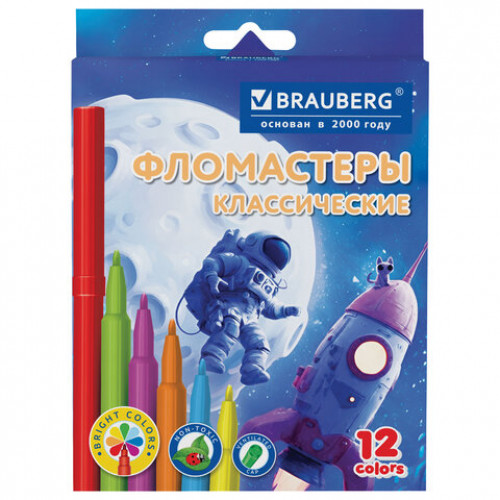 Фломастеры картонная коробка АССОРТИ 6 ДИЗАЙНОВ, 12 цветов, КЛАССИЧЕСКИЕ, BRAUBERG, 152686