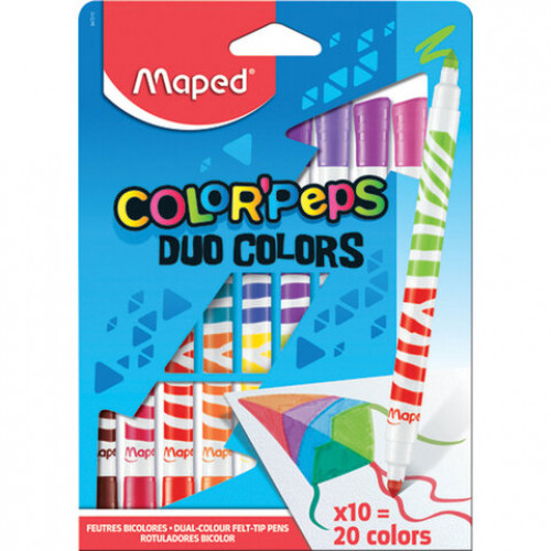 Фломастеры двусторонние MAPED (Франция) Color'peps Duo, 10 штук, 20 цветов, 4,7 мм, смываемые, 847010