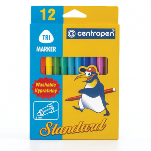 Фломастеры 12 ЦВЕТОВ CENTROPEN Standart, трехгранные, смываемые, вентилируемый колпачок, 2550/12KK, 7 2550 1201