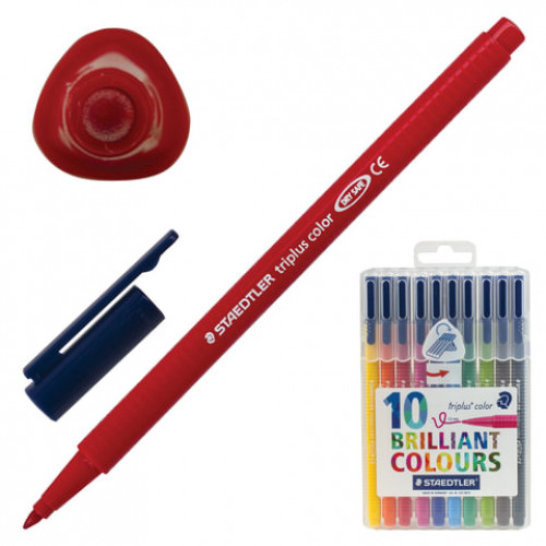Фломастеры STAEDTLER (Германия) Triplus, 10 цветов, трехгранные, пластиковый футляр, 323 SB10