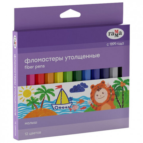 Фломастеры утолщенные ГАММА Малыш, 12 цветов, смываемые, шестигранные, картонная упаковка, европодвес, 180319_01