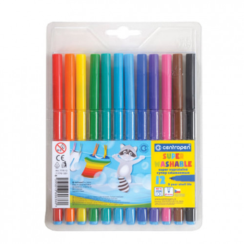 Фломастеры 12 ЦВЕТОВ CENTROPEN Super Washable, суперсмываемые, вентилируемый колпачок, 7770/12TP, 7 7770 1203
