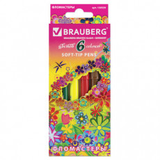 Фломастеры BRAUBERG Blooming flowers, 6 цветов, вентилируемый колпачок, картонная упаковка с фольгой, 150559
