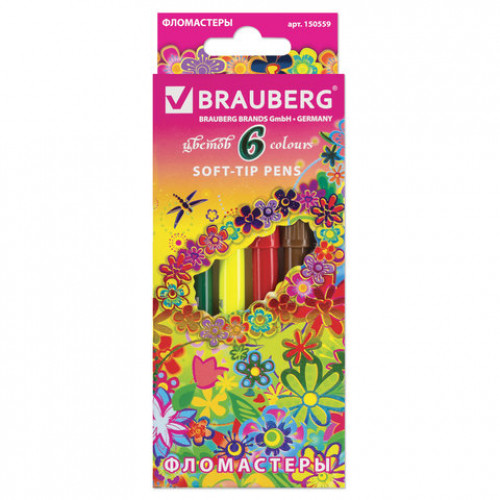 Фломастеры BRAUBERG Blooming flowers, 6 цветов, вентилируемый колпачок, картонная упаковка с фольгой, 150559