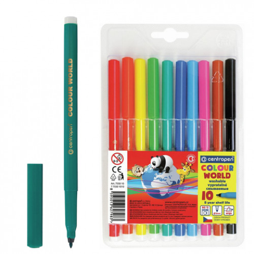 Фломастеры 10 ЦВЕТОВ CENTROPEN Colour World, круглые, смываемые, 7550/10TP, 7 7550 1084