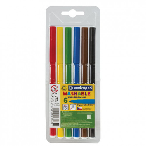 Фломастеры 6 ЦВЕТОВ CENTROPEN Washable, смываемые, вентилируемый колпачок, 7790/6TP, 7 7790 0685