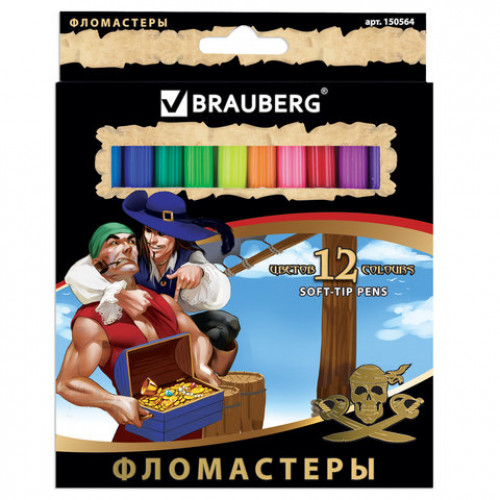 Фломастеры BRAUBERG Корсары, 12 цветов, вентилируемый колпачок, картонная упаковка с золотистым тиснением, 150564