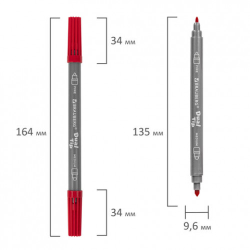 Фломастеры двусторонние BRAUBERG PREMIUM DUAL-TIP, 10 шт., 10 цветов, два наконечника, картонная коробка с европодвесом, 151946