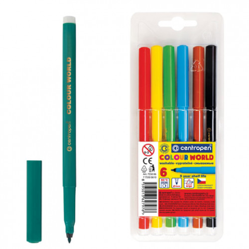 Фломастеры 6 ЦВЕТОВ CENTROPEN Colour World, круглые, смываемые, вентилируемый колпачок, 7550/6TP, 7 7550 0684