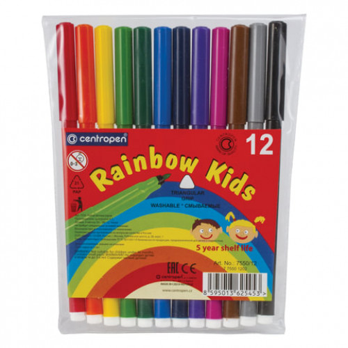 Фломастеры 12 ЦВЕТОВ CENTROPEN Rainbow Kids, круглые, смываемые, вентилируемый колпачок, 7550/12ET, 7 7550 1202