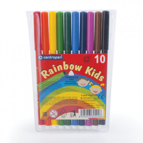 Фломастеры 10 ЦВЕТОВ CENTROPEN Rainbow Kids, круглые, смываемые, вентилируемый колпачок, 7550/10ET, 7 7550 1002