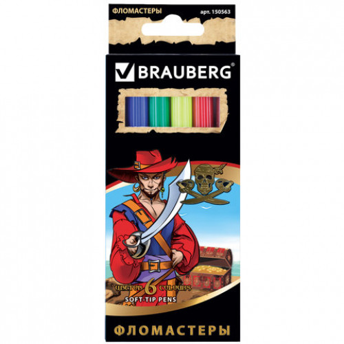 Фломастеры BRAUBERG Корсары, 6 цветов, вентилируемый колпачок, картонная упаковка с золотистым тиснением, 150563