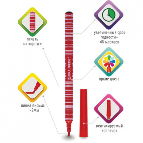 Фломастеры BRAUBERG PREMIUM, 6 цветов, КОРПУС С ПЕЧАТЬЮ, вентилируемый колпачок, ПВХ-упаковка с европодвесом, 151941