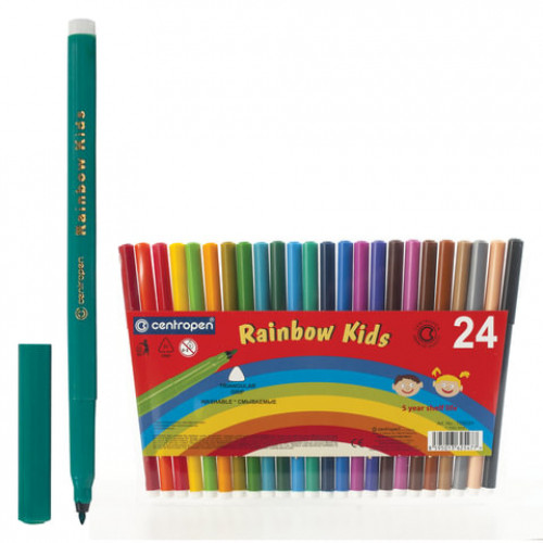 Фломастеры 24 ЦВЕТА CENTROPEN Rainbow Kids, круглые, смываемые, вентилируемый колпачок, 7550/24ET, 7 7550 2402