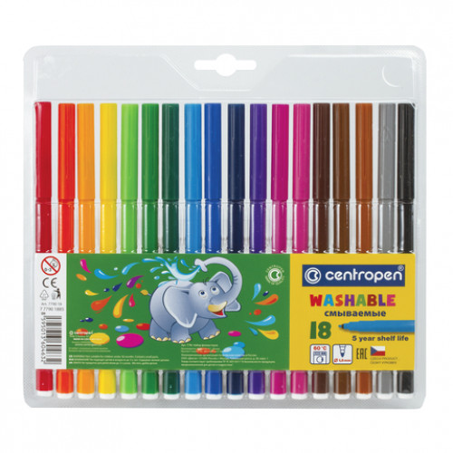 Фломастеры 18 ЦВЕТОВ CENTROPEN Washable, смываемые, вентилируемый колпачок, 7790/18TP, 7 7790 1885
