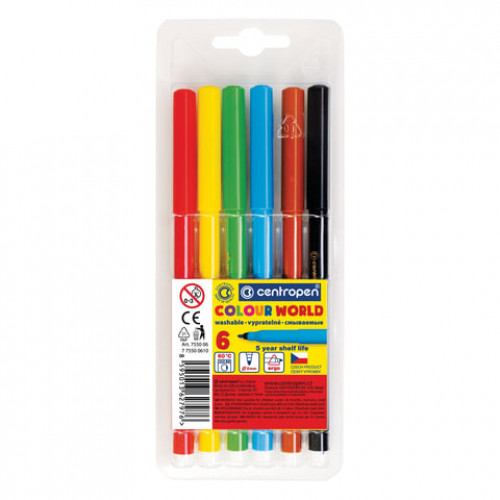 Фломастеры 6 ЦВЕТОВ CENTROPEN Colour World, круглые, смываемые, вентилируемый колпачок, 7550/6TP, 7 7550 0684