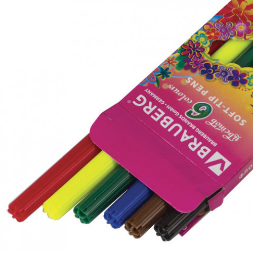 Фломастеры BRAUBERG Blooming flowers, 6 цветов, вентилируемый колпачок, картонная упаковка с фольгой, 150559