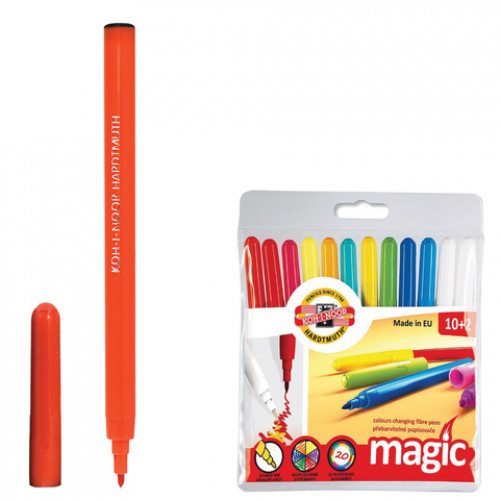Фломастеры KOH-I-NOOR Magic, 12 шт., 10 цветов + 2 перекрашивающих, смываемые, пластиковая упаковка, подвес, 771612AB01TE