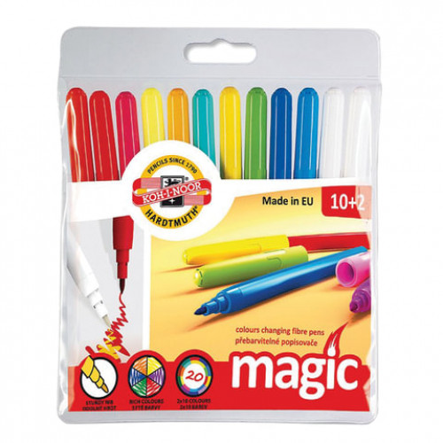 Фломастеры KOH-I-NOOR Magic, 12 шт., 10 цветов + 2 перекрашивающих, смываемые, пластиковая упаковка, подвес, 771612AB01TE