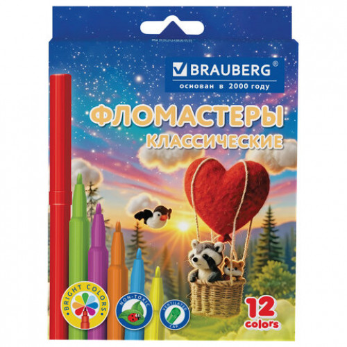Фломастеры картонная коробка АССОРТИ 6 ДИЗАЙНОВ, 12 цветов, КЛАССИЧЕСКИЕ, BRAUBERG, 152686