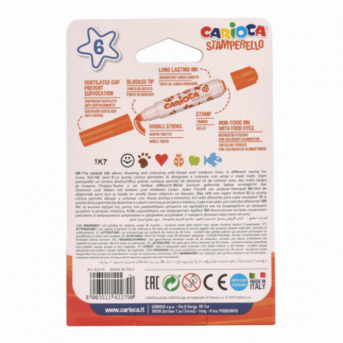 Фломастеры-штампы двусторонние CARIOCA (Италия) Stamperello, 6 цветов, смываемые, 42279