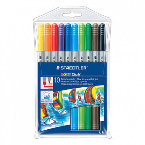 Фломастеры двухсторонние STAEDTLER Noris club,10 цветов, 2 пишущих узла 1 и 3 мм, смываемые, 320 NWP10