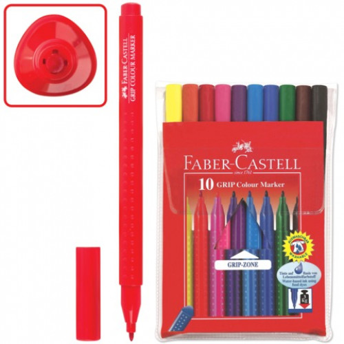 Фломастеры FABER-CASTELL Grip, 10 цветов, трехгранные, смываемые, ПВХ упаковка, 155310
