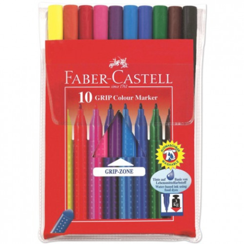 Фломастеры FABER-CASTELL Grip, 10 цветов, трехгранные, смываемые, ПВХ упаковка, 155310