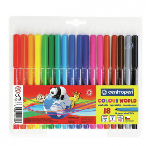 Фломастеры 18 ЦВЕТОВ CENTROPEN Colour World, круглые, смываемые, вентилируемый колпачок, 7550/18TP, 7 7550 1884