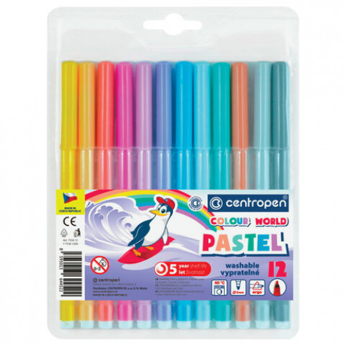 Фломастеры ПАСТЕЛЬНЫЕ 12 ЦВЕТОВ CENTROPEN Colour World Pastel, смываемые, 7550/12TP, 7 7550 1287