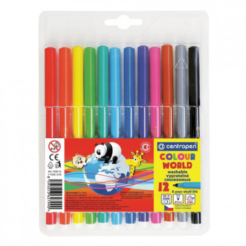 Фломастеры 12 ЦВЕТОВ CENTROPEN Colour World, круглые, смываемые, 7550/12TP, 7 7550 1284