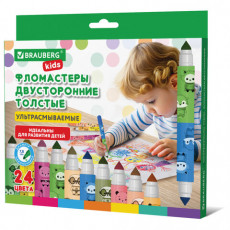 Фломастеры двусторонние толстые для малышей ультрасмываемые 12 штук / 24 цвета, BRAUBERG KIDS, 152626