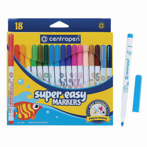 Фломастеры 18 ЦВЕТОВ CENTROPEN Super Easy, смываемые, вентилируемый колпачок, 2580/18KK, 7 2580 1885