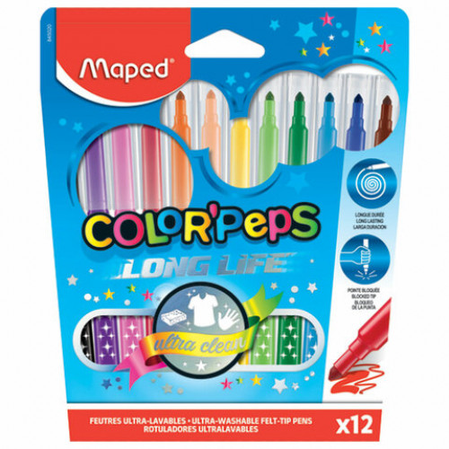 Фломастеры MAPED (Франция) Color'Peps Long Life, 12 цветов, смываемые, трехгранные, картонная упаковка, 845020