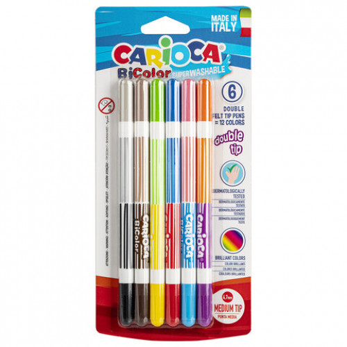 Фломастеры двухсторонние CARIOCA (Италия) Bi-color, 6 штук (12 цветов), суперсмываемые, вентилируемый колпачок, 42269